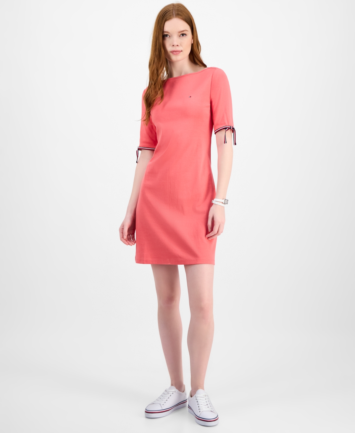 Women's Cotton Boat-Neck Tie-Sleeve Dress - Coralie