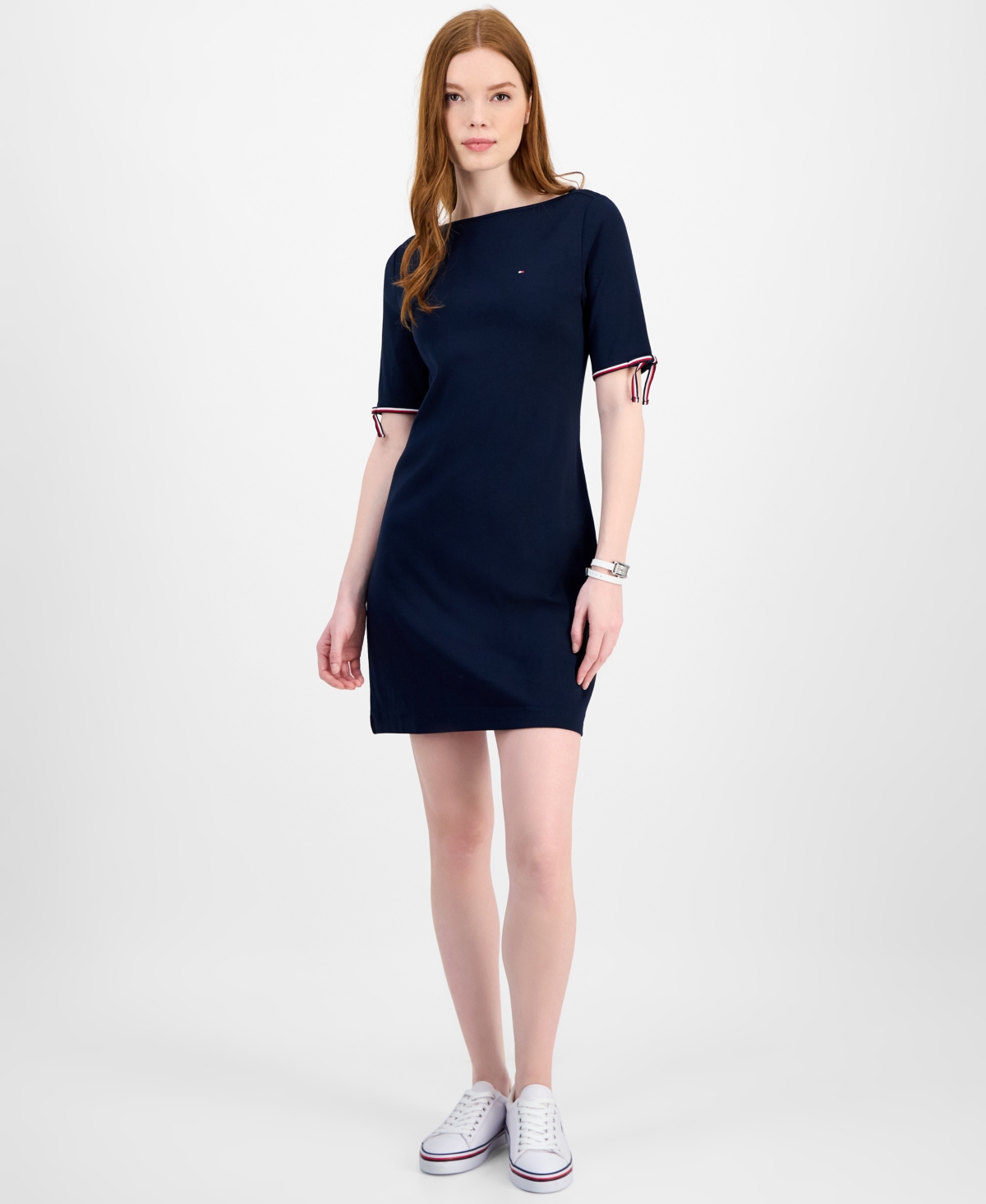 Women's Cotton Boat-Neck Tie-Sleeve Dress - Coralie