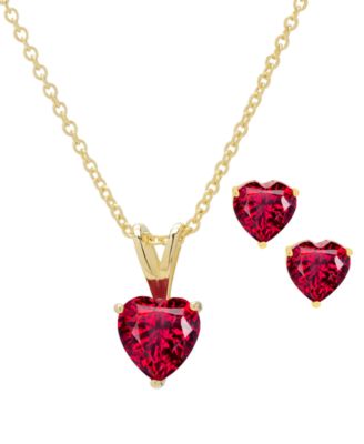 Macy's - 2-Pc. Set Lab Grown Ruby Heart Pendant Necklace & Matching Stud Earrings (1-3/4 ct. t.w.) in 14k Gold-Plated Sterling Silver