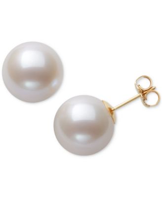 Pearl Earrings, 14k Gold Cultured Freshwater Pearl Stud Earrings (10mm) (Also Available in Pink Cultured Freshwater Pearl)