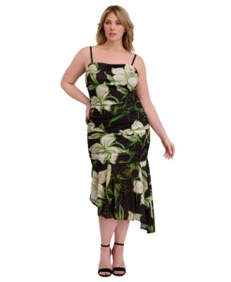 Plus Size Ruched Asymmetric-Hem Midi Dress