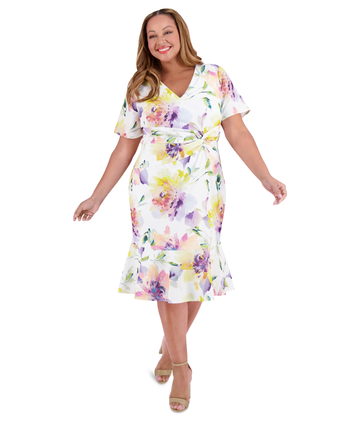 London Times Plus Size Twist-front Ruffle-hem Midi Dress
