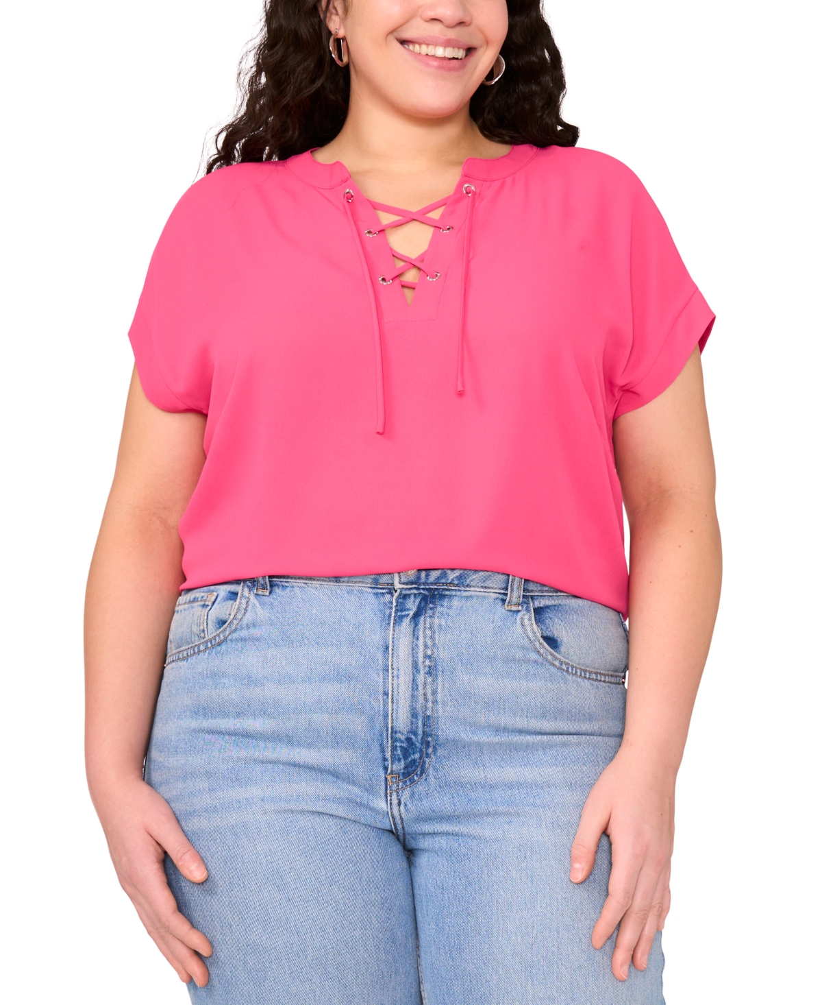 VINCE CAMUTO PLUS SIZE LACE-UP SHORT-SLEEVE TOP 