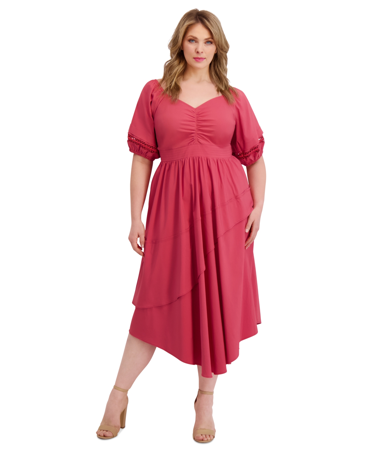 Plus Size Puff-Sleeve Asymmetric-Hem Midi Dress - Brick Red