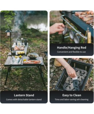 Portable IGT Table with Charcoal Grill, Folding Camping Table and BBQ Grill with Desk Extension & Lantern Stand