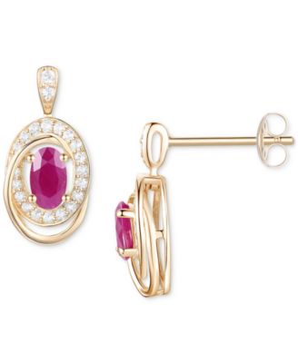 Emerald (3/8 ct. t.w.) & Diamond (1/5 ct. t.w.) Oval Swirl Drop Earrings in 14k Gold (Also in Ruby & Sapphire)