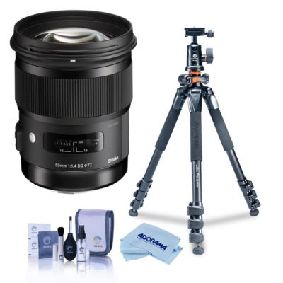 50mm f/1.4 DG HSM ART Lens for L Mount, Black, Bundle with Takama 3-Section Aluminum Video Tripod, Cleaning Kit, Cloth