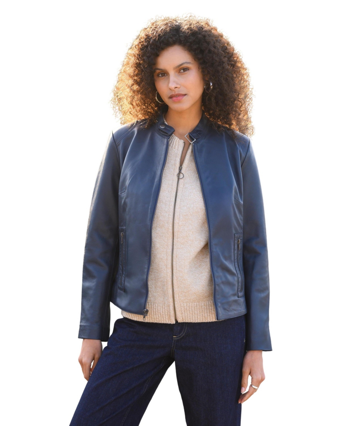 Women's Stand Collar Biker Jacket - Indigo