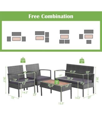 8PCS Patio Rattan Furniture Set Cushioned Chair Wooden Tabletop Gray