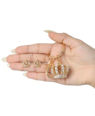 Gold-Tone Crystal Crown Keychain & Earring Set