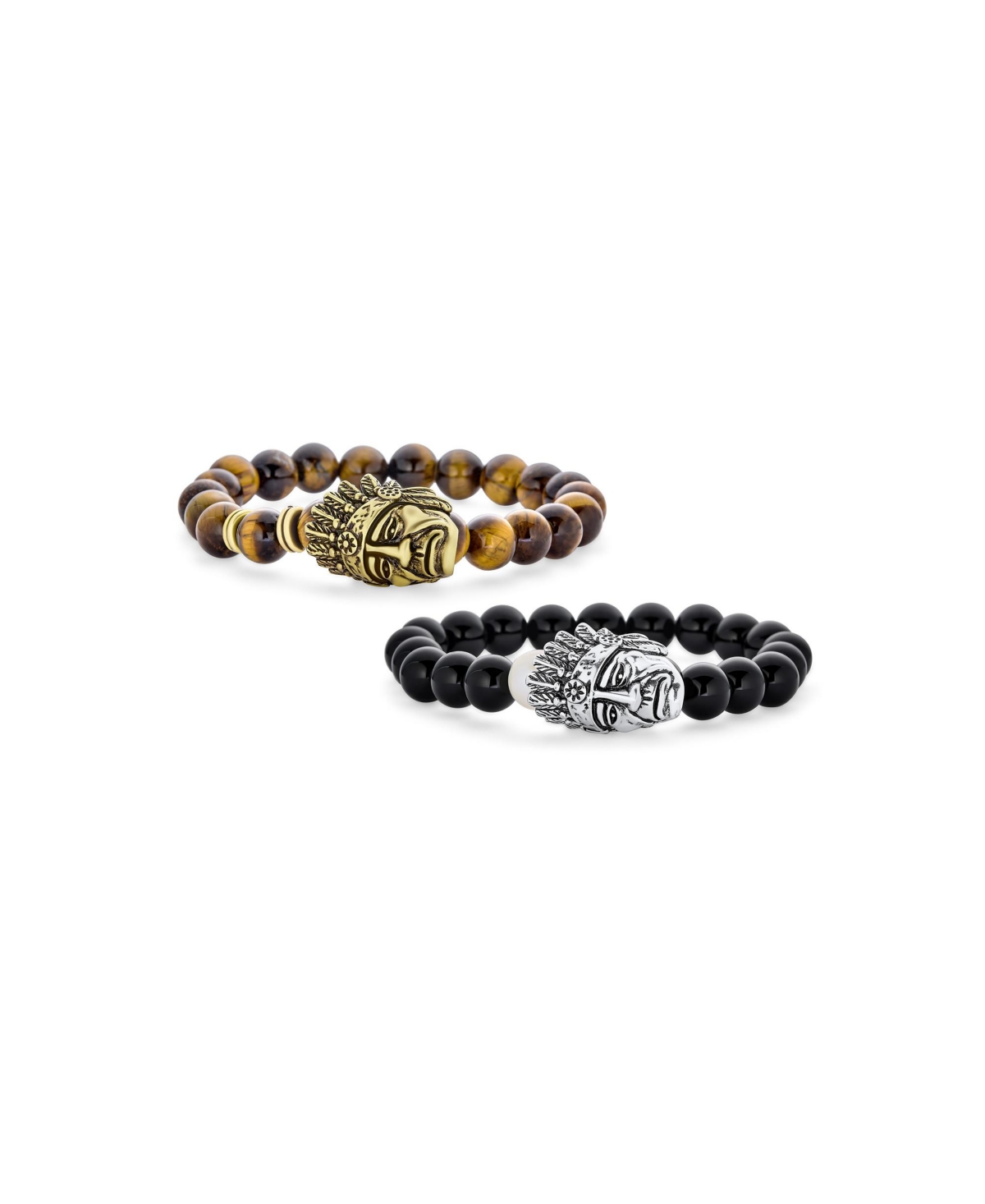 Set of 2 Chef Indian Face Natural Howlite Onyx and Tiger Eye Bead Stretch Bracelet - Black brown