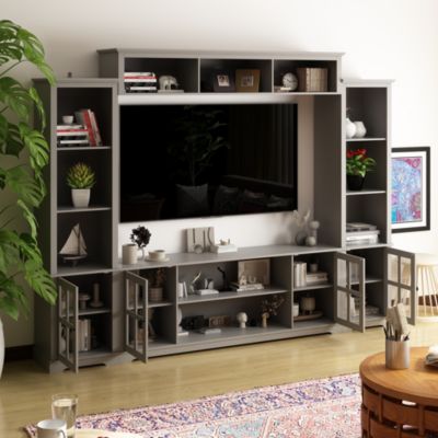 TV stand with top, left and right cabinets, multi-purpose media wooden console, entertainment center with tempered glass