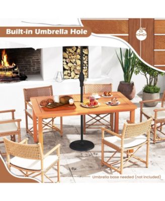 Patio Outdoor Solid Wood Dining Table with Umbrella Hole – Seats 6 for Backyard, Deck, or Garden