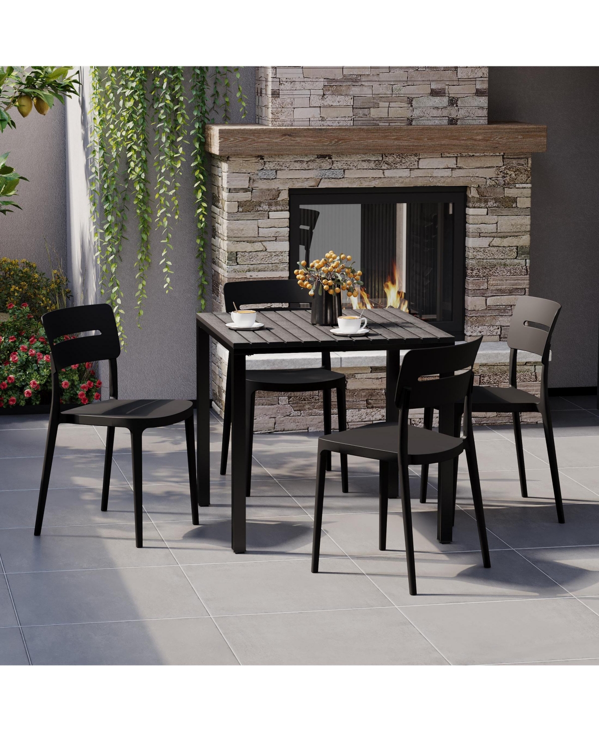 5-Piece Outdoor Metal Frame Dining Table Patio Set with Stackable Chairs