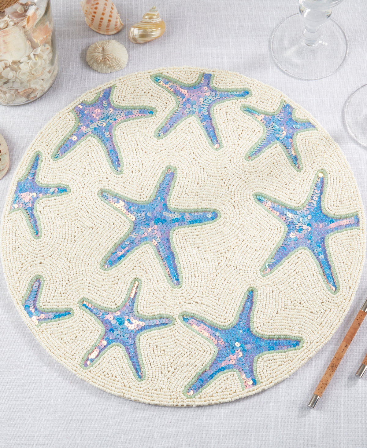 Saro Lifestyle Ocean Glow Starfish Beaded Placemats, 15" Round In Aqua