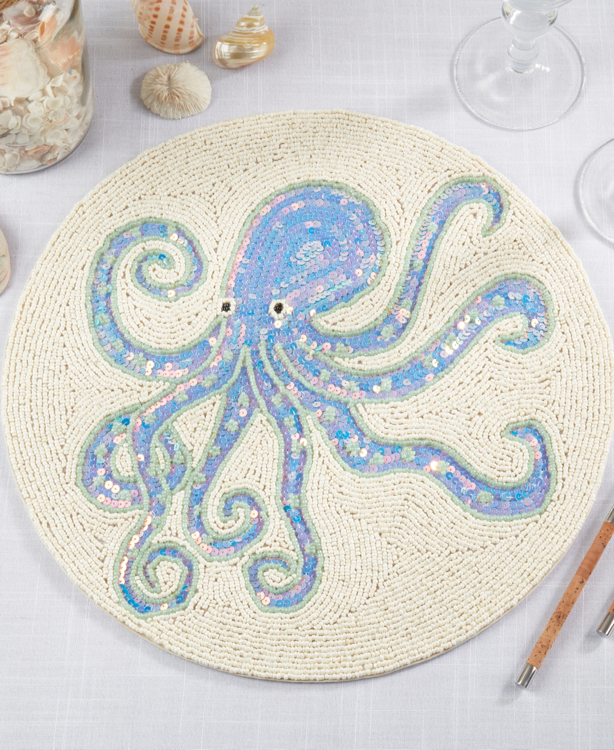 Saro Lifestyle Tentacle Treasure Beaded Placemats, 15" Round In Aqua