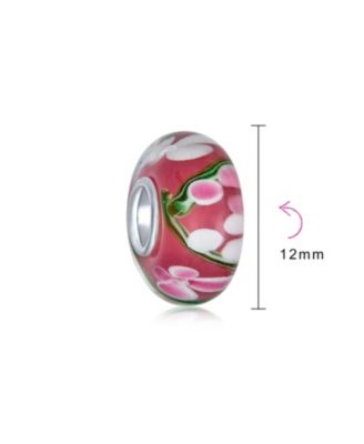 Set of 4 Pink Red Floral Hibiscus Glass Charm Bead Silver for European Bracelet