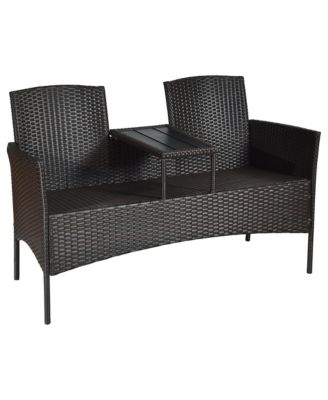 Patio Rattan Loveseat Sofa Cushioned Coffee Table