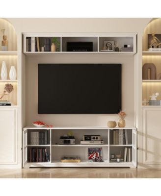 TV stand with top cabinets, entertainment center with tempered glass doors, wooden media console
