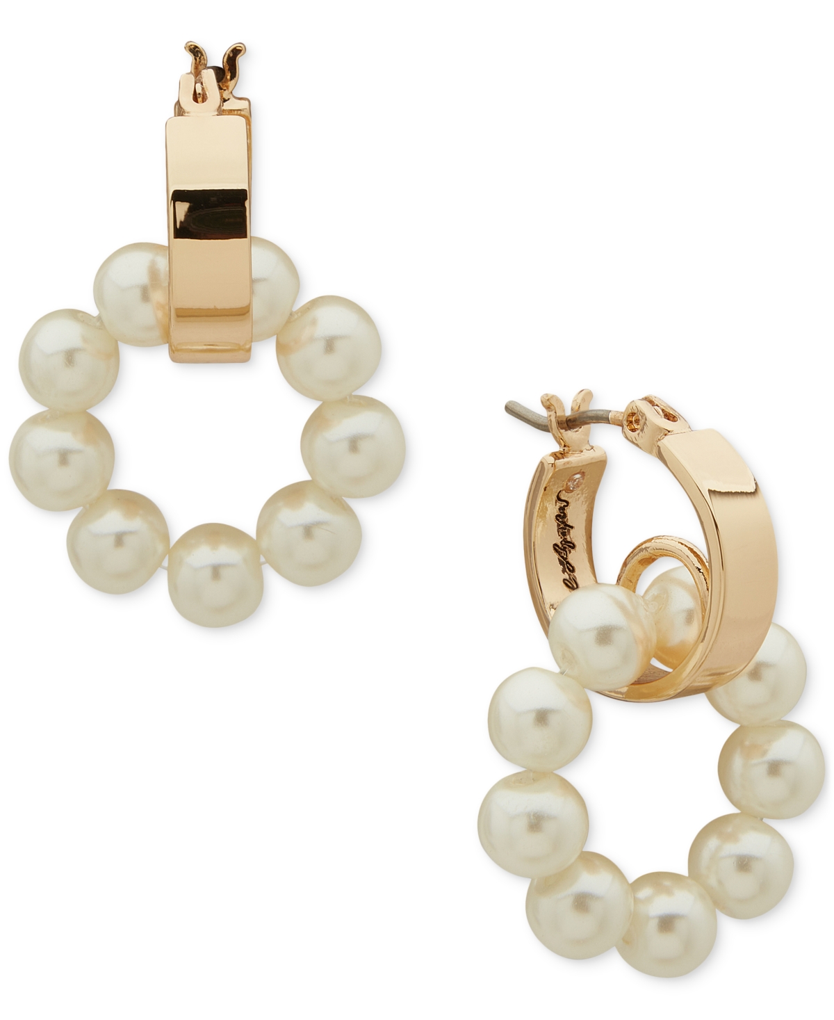 Gold-Tone Imitation Pearl Ring Charm Hoop Earrings - Peal