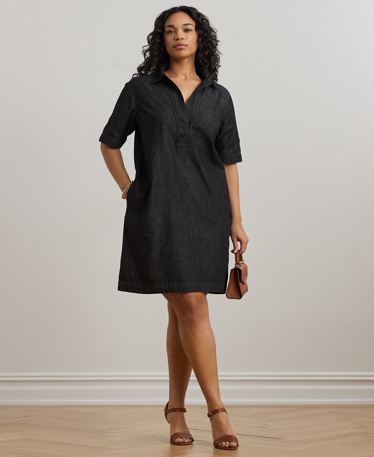 Women's Plus Size Short-Sleeve Denim Cotton Shift Dress - Nightfall