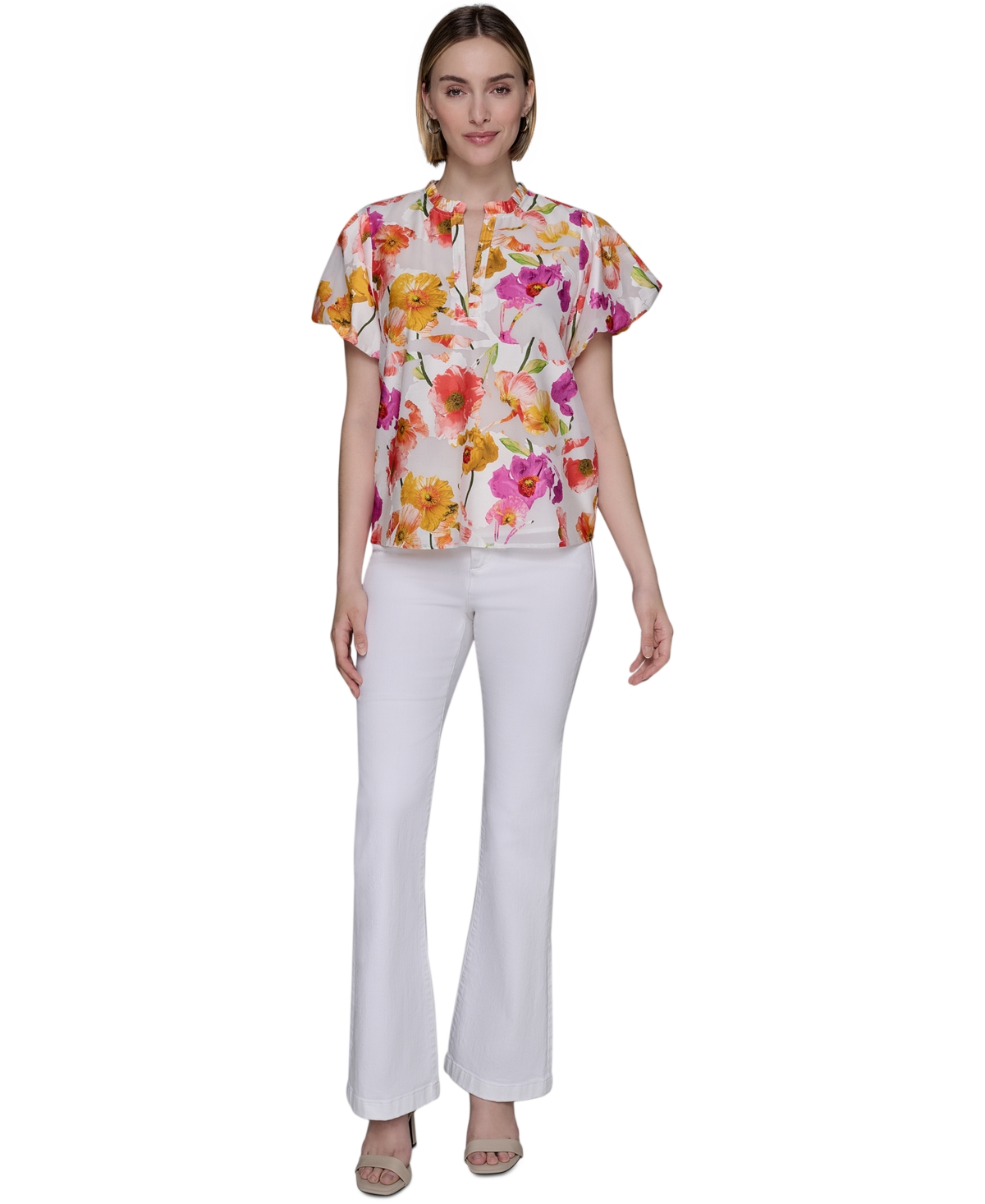 KARL LAGERFELD PETITE FLORAL-PRINT FLUTTER-SLEEVE TOP 