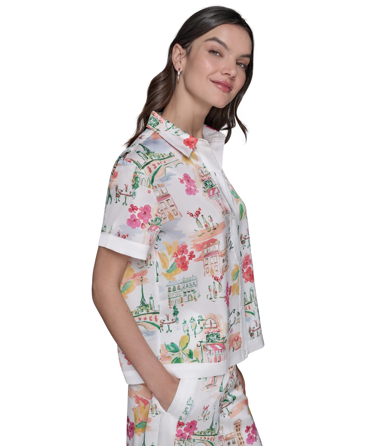 Shop Karl Lagerfeld Petite Short-sleeve Multi-print Camp Shirt