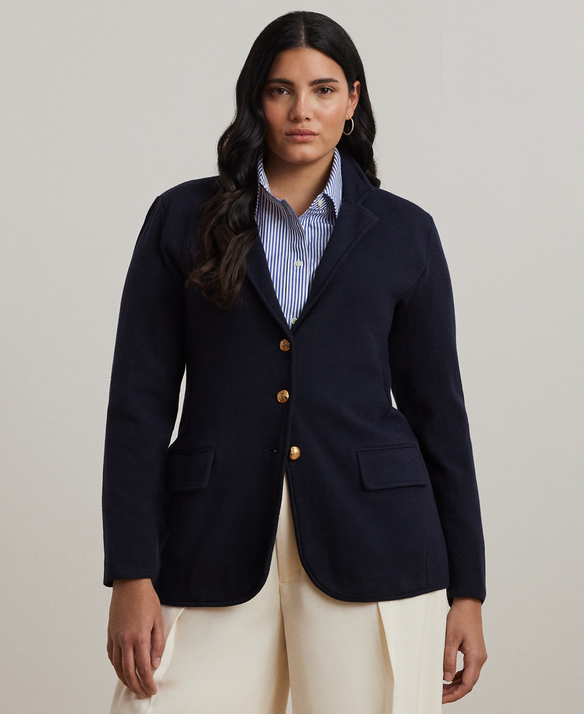 Women's Plus Size Combed Cotton Single-Breasted Blazer - Polo Black