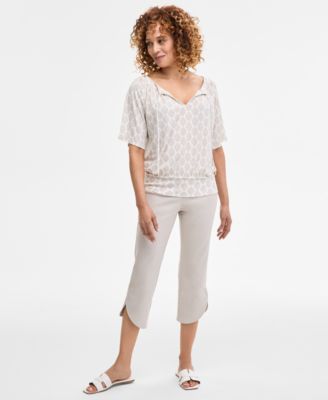 売れ筋商品|||ジェイエムコレクション カットソー トップス レディース Women's Printed Split-Neck Banded Bottom Top, Exclusively at Macy's Stonewall Combo JM Collection Women's Split-Neck Banded Bottom Top
