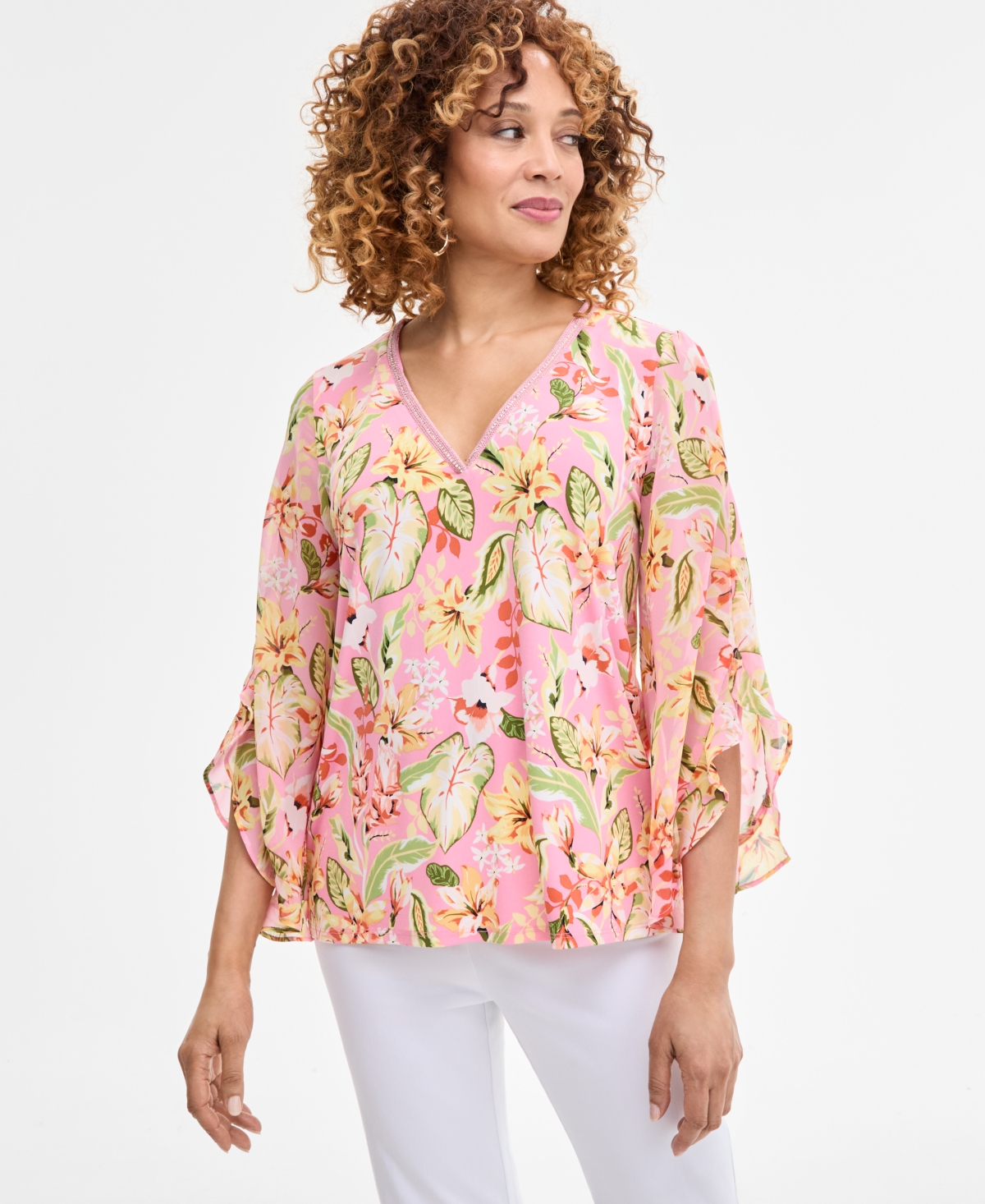 Women's Printed Embellished V-Neck Ruffle-Sleeve Top, Exclusively at Macy's - Peony Twinkle Combo