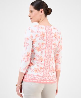 Women's Printed 3/4 Sleeve Scoop-Neck Jacquard Top, Exclusively at Macy's