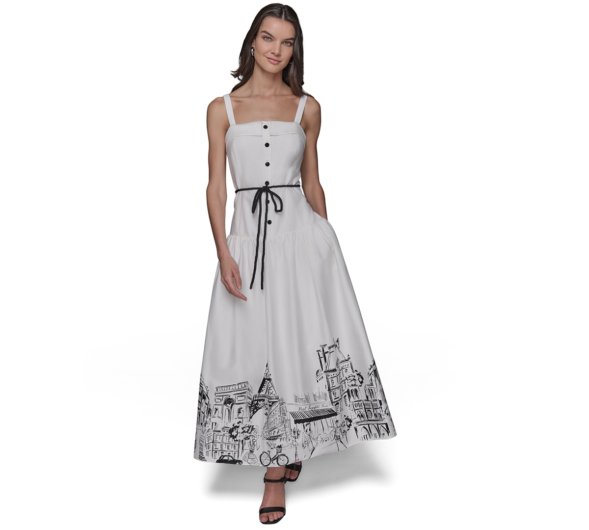 Women's Paris Border Rope-Belt Midi Dress - Soft White Black