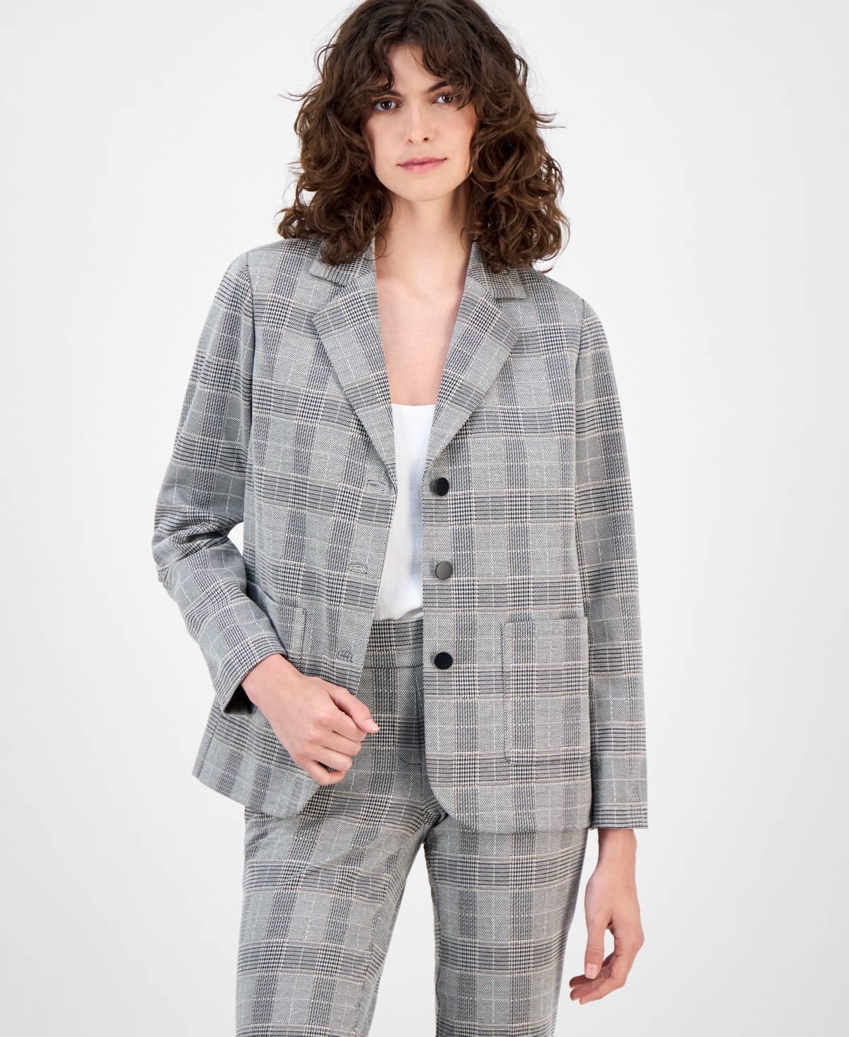 Women's Plaid Triple-Button Notched-Collar Blazer - Anne Black Multi
