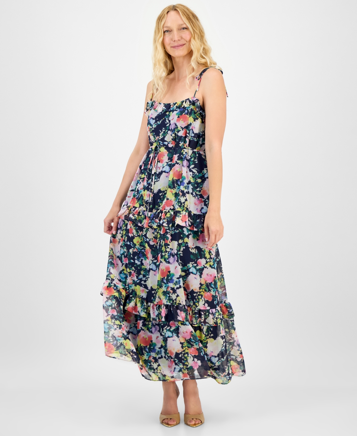 Women's Printed Tie-Strap Tiered Maxi Dress - Navy Multi