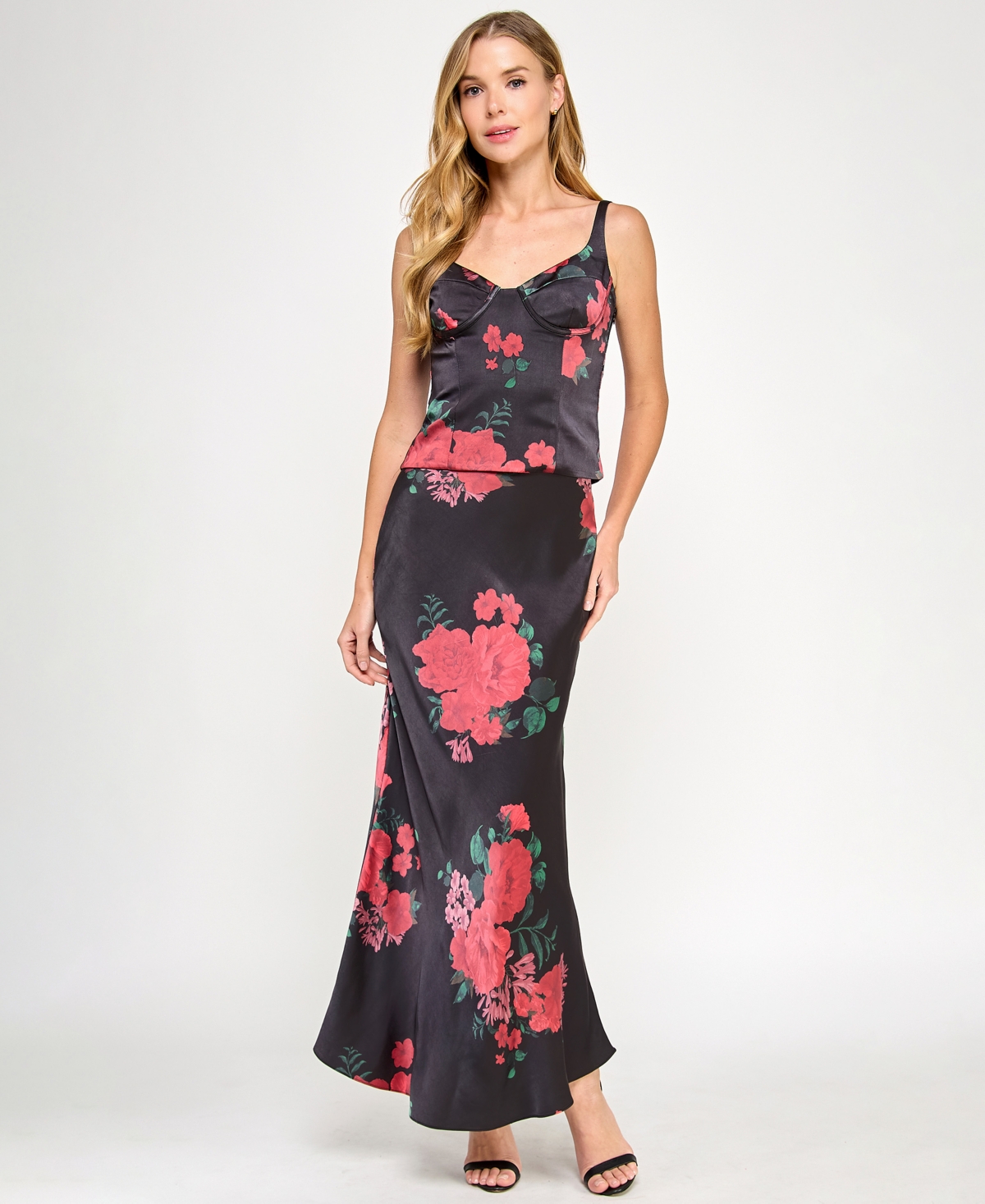 Juniors' 2-Pc. Floral-Print Corset Gown Set - Black Floral
