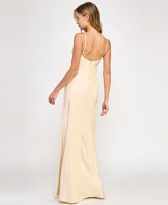 Juniors' Satin Chain-Trim Long Dress