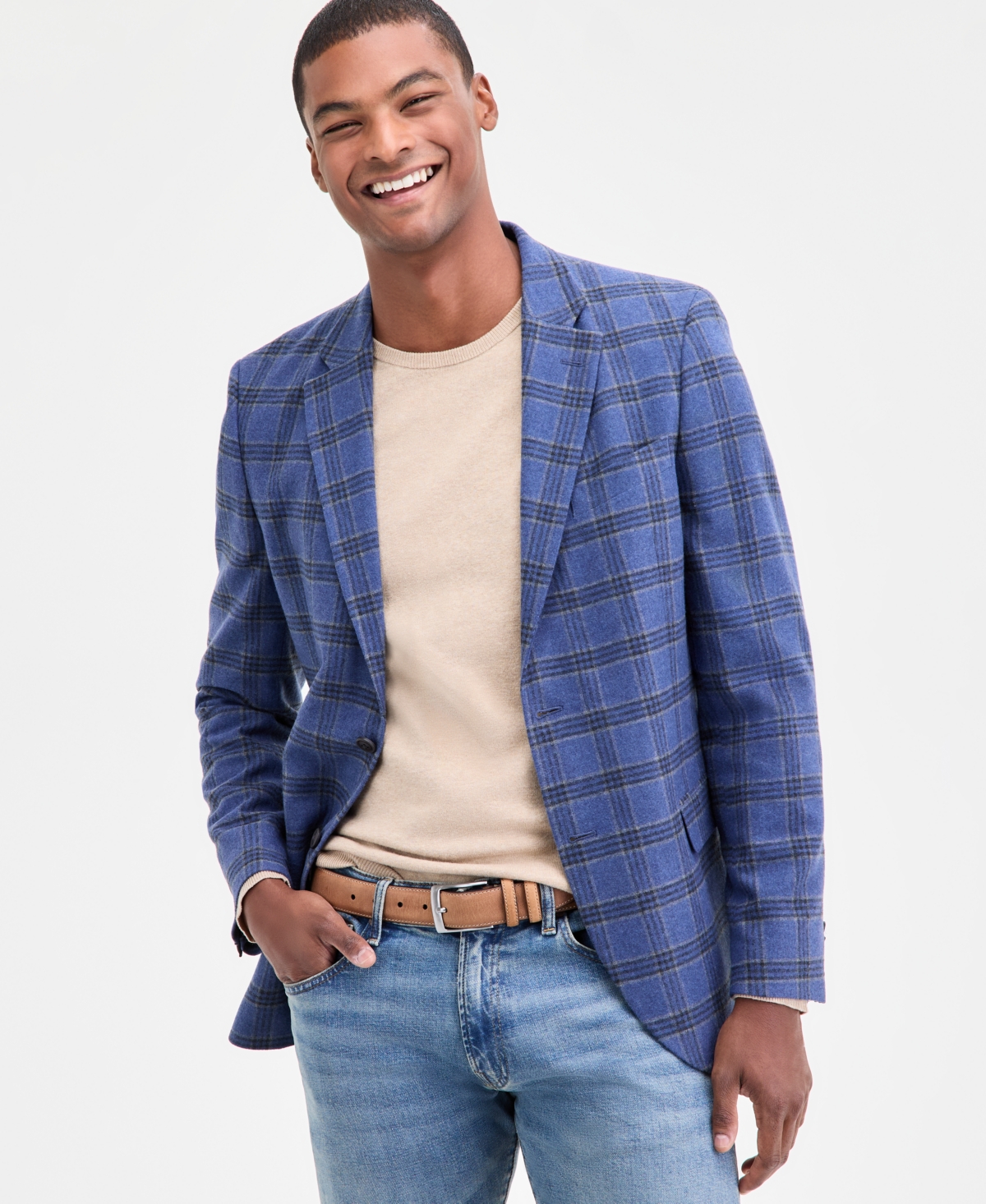 Men's Modern-Fit Blue Plaid Tweed Sport Coat - Blue Plaid