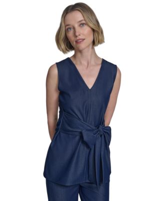 Halston - Women's Denim-Like Tie-Waist Sleeveless Top