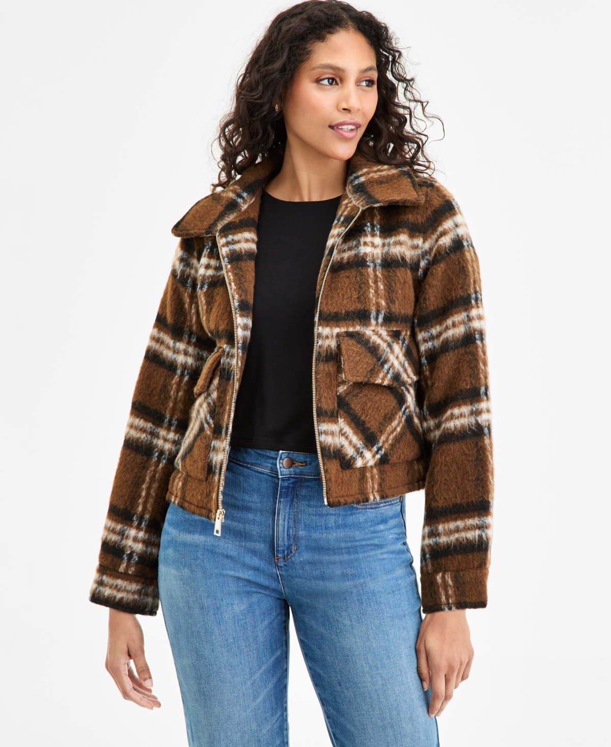 Bcbgmaxazria Women's Plaid Collared Zip-front Coat In Brown