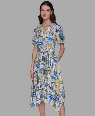 Women's Paris-scene Print Belted High-low Shirtdress With V-neckline