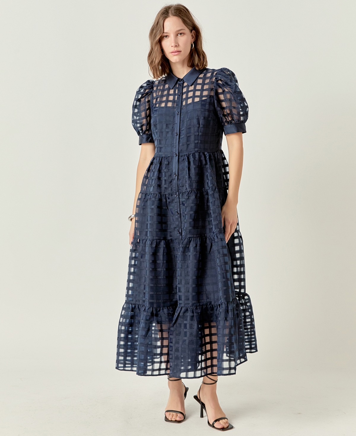 ENGLISH FACTORY WOMEN'S GRIDDED ORGANZA TIERED MAXI DRESS 
