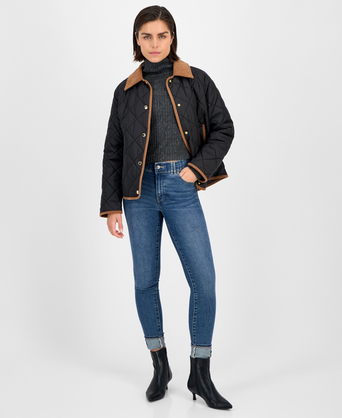 London Fog Women's Reversible Quilted Corduroy-trim Coat In Black