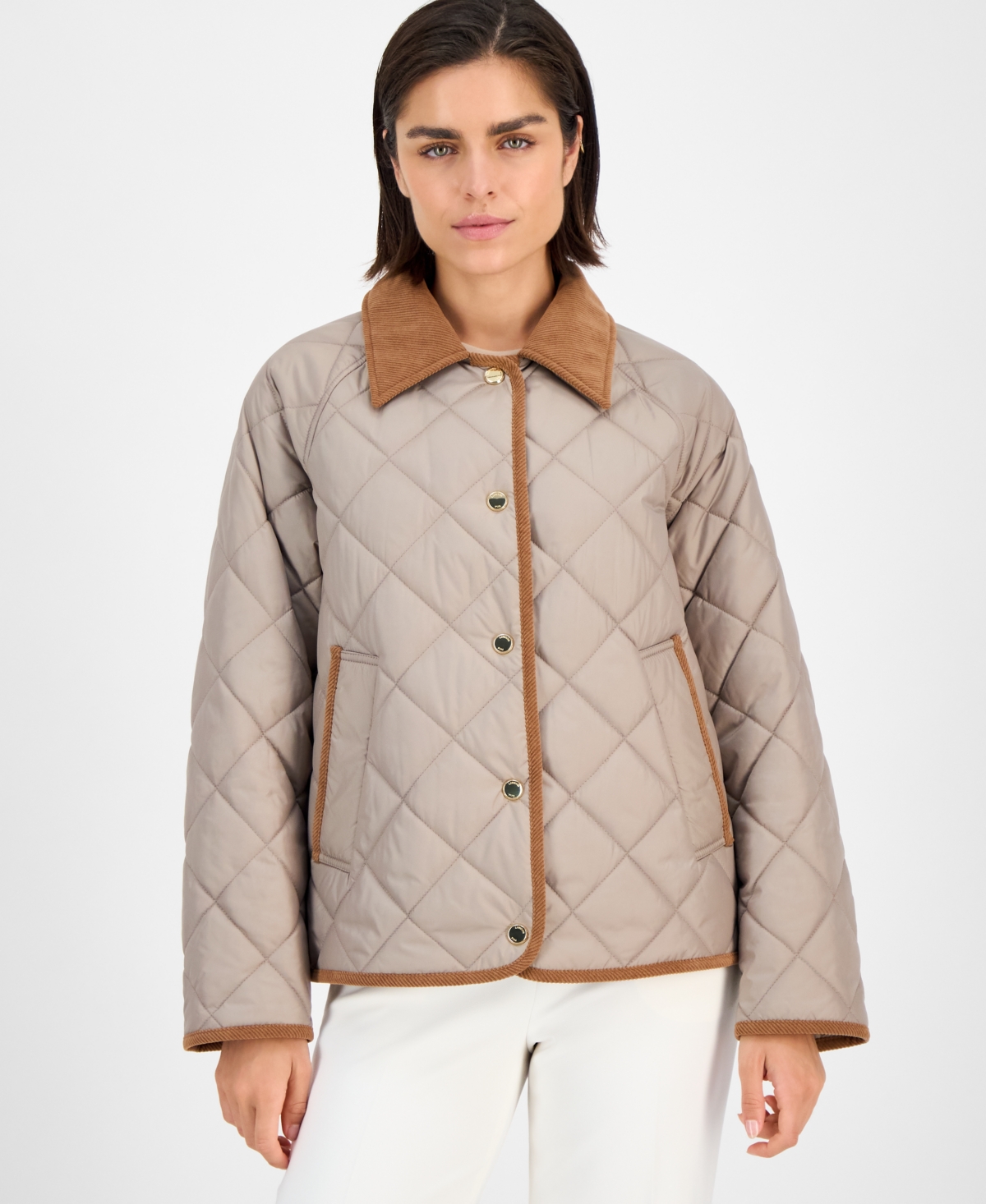 Women's Reversible Quilted Corduroy-Trim Coat - Olive