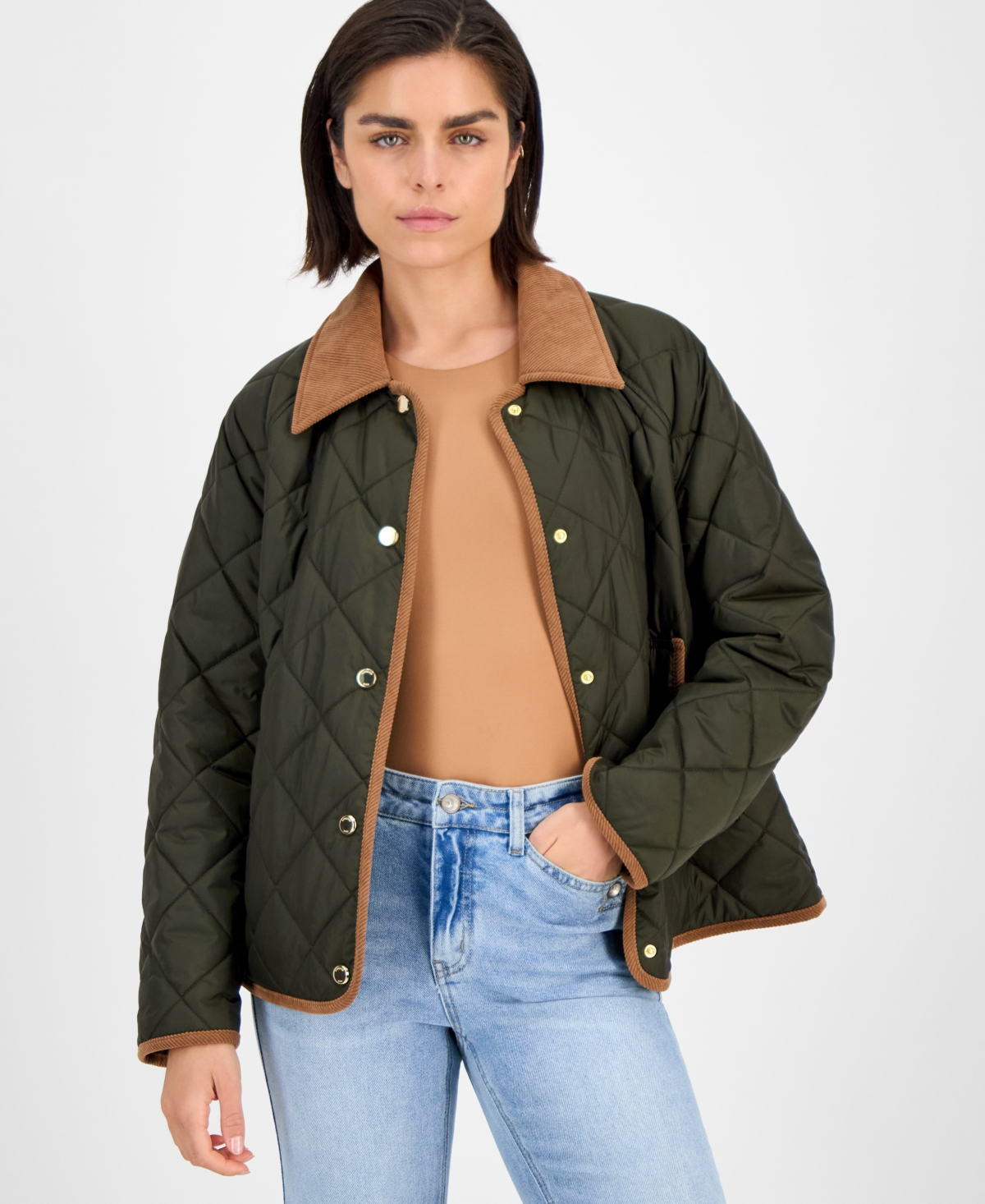 Women's Reversible Quilted Corduroy-Trim Coat - Olive