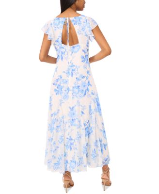 Women's Printed V-Neck Flutter-Sleeve Chiffon Dress