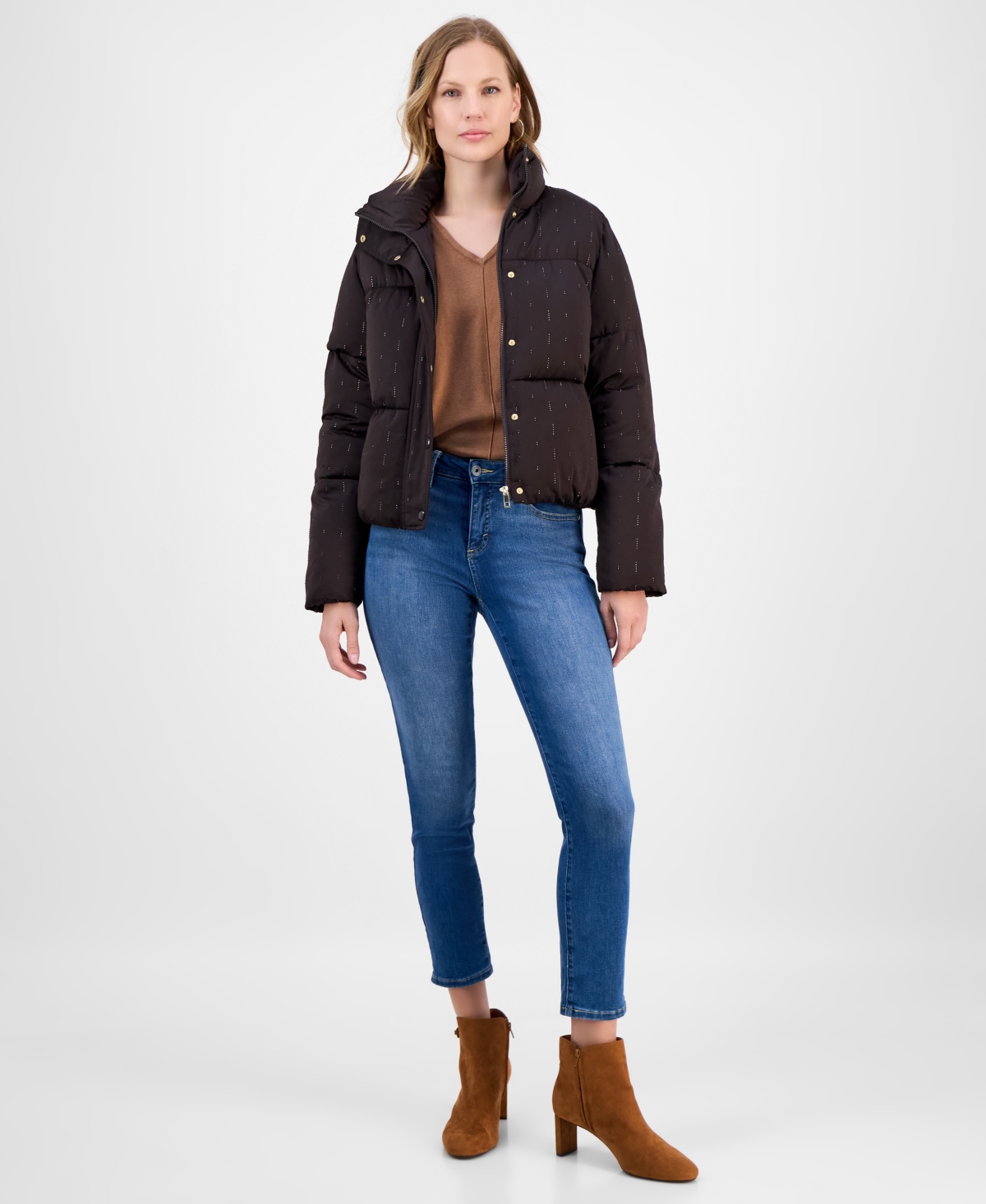 Cece Women's Embellished Stand-collar Puffer Jacket In Brown