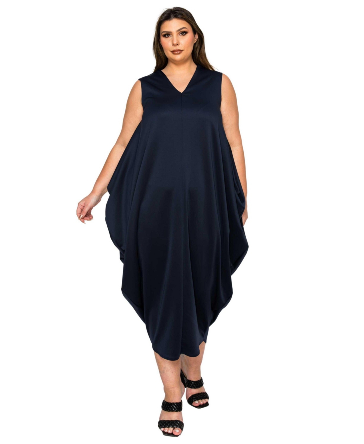 Plus Size Clover Sleeveless Bubble Hem Dress - Navy