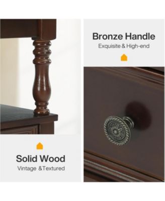 Solid Wood Nightstand with 2 Drawers, Mid-Century Modern Night Stand with Open Shelf, Vintage Bedside Table for Bedroom, Easy to Assemble (Dark Cherry Wood Color)