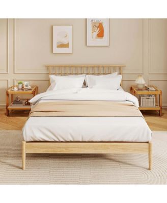 2 PCS End Table with Tempered Glass Top Acacia Wood Legs Rattan Storage Shelf