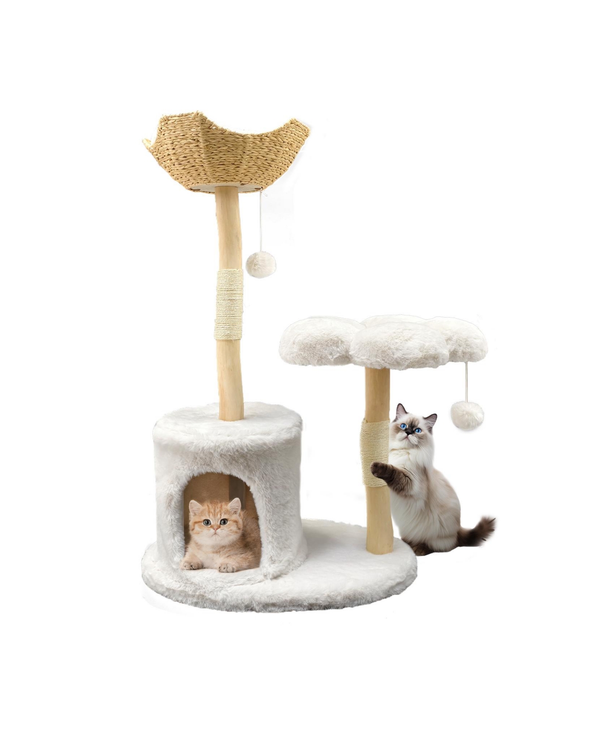 Solid Wood Cat Tree Tower for Indoor Cats With Soft Cushions - White